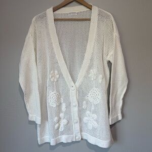 Vintage Express Tricot White Open Knit Floral Cardigan Sweater